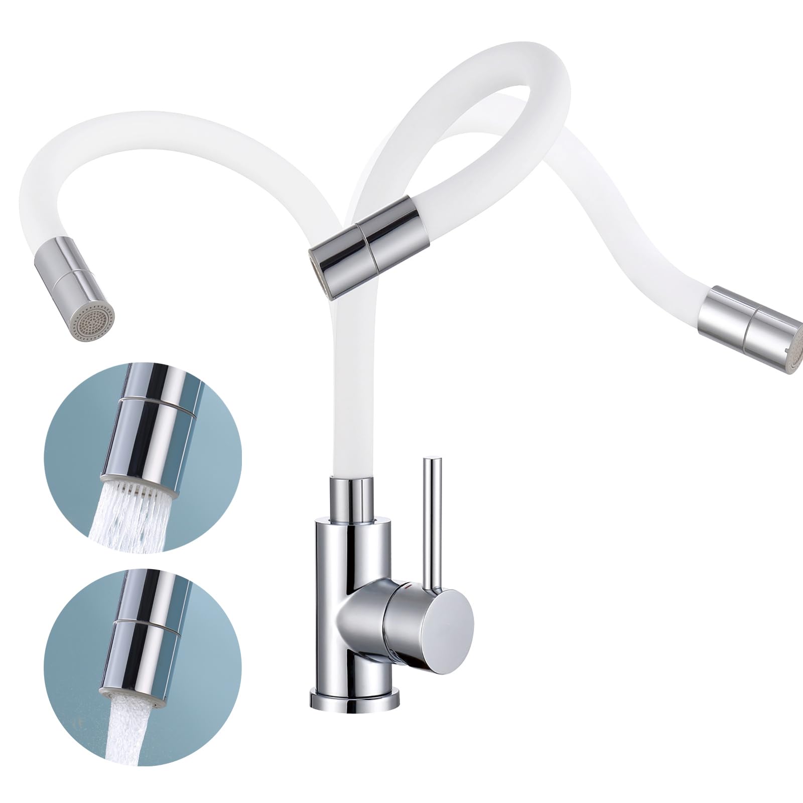 Grifo de cocina y baño flexible, de alta presión, con 2 tipos de chorro, acero inoxidable blanco, giratorio 360°, grifo mezclador de cocina con ahorro de agua