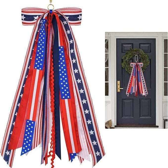 Independence Day American Flag Iron Wire Edge Cording Ribbon red Blue White Burlap Bow Decoration