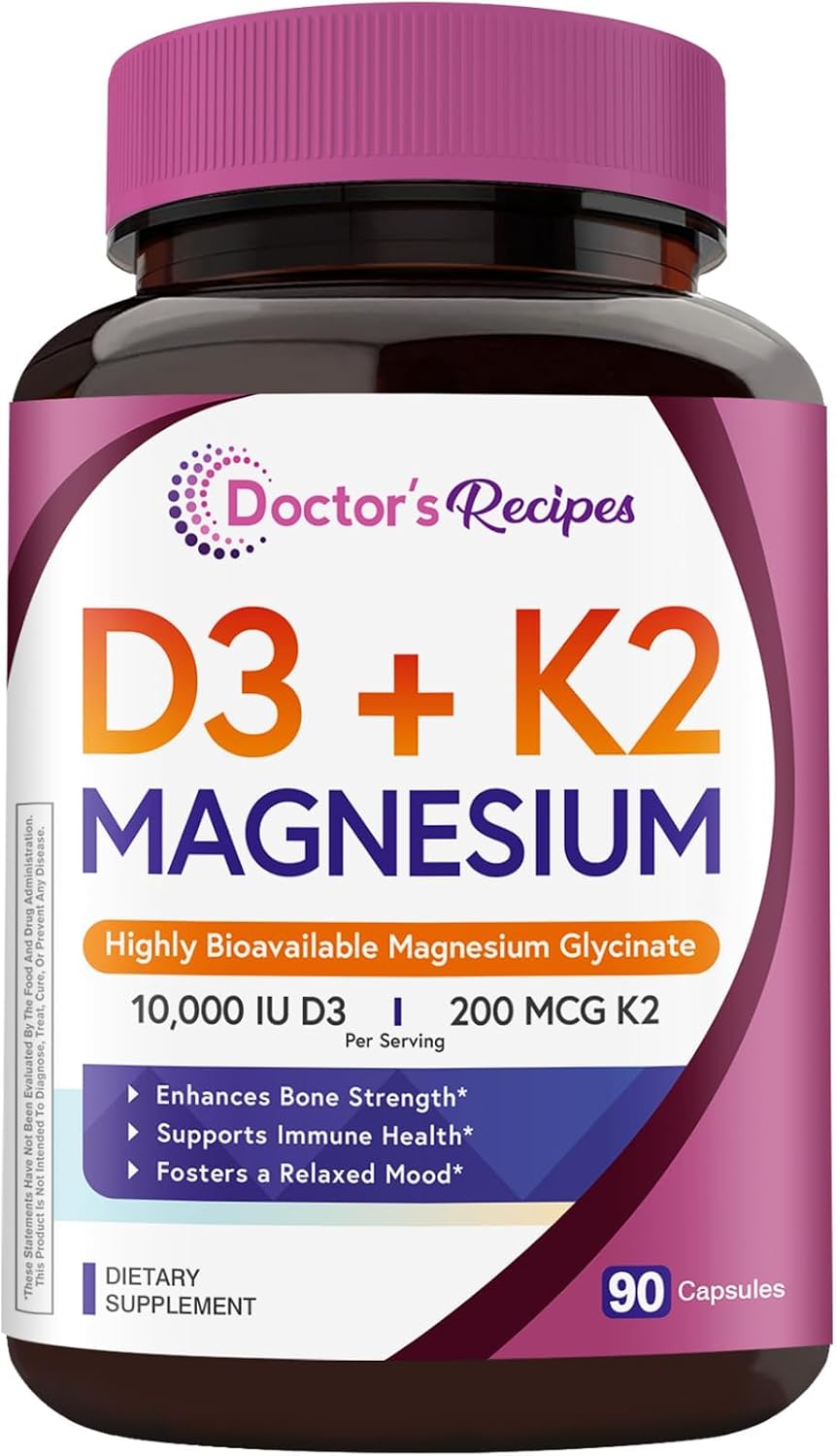 Doctor's Recipes D3+K2+Magnesium, 10000 IU D3, 200 mcg K2, Highly Bioavailable, Chelated Magnesium Glycinate, Non-GMO, No Gluten, for Bone, Immune, Mood, Relaxation Support, 90 Capsules
