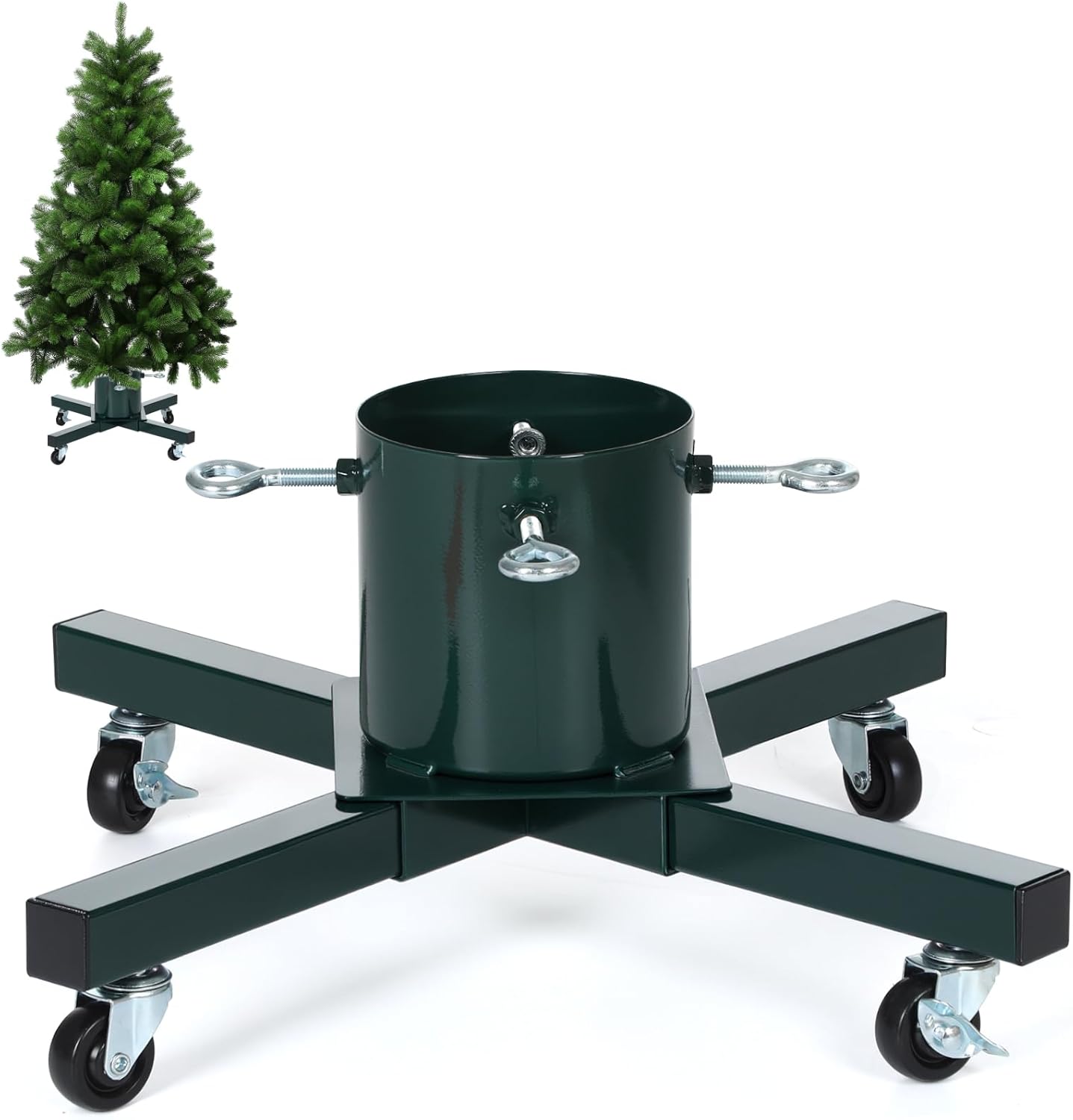 Christmas Tree Stand for Live Trees Real Christmas Tree Holder Base Stand with Wheels Movable Adjustable up to 8 ft Hold 0.45 Gal Water Reservoir Green Alloy Steel Heavy Duty for Xmas Decor