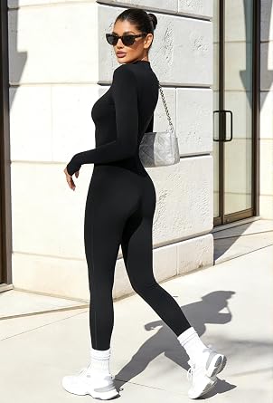 ECUPPER Womens One Piece Workout Jumpsuits Zip Up Bodysuit Long Sleeve Yoga Rompers Full Length Sports Gym Shapewear