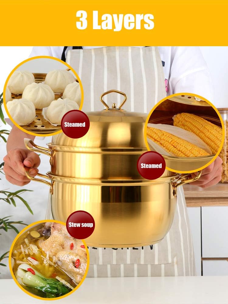 Buyer Star Stainless Steel 3 Tier Steamer Pot for Cooking, 10 Inch Steam Pots, Double Boiler Pan w/Lid, Large Capacity - Sunset Red