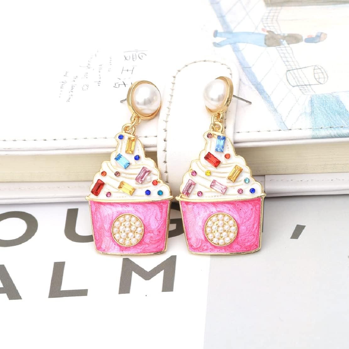 Ice Cream Earrings for Women, Cute Food Ice Cream Earrings for Womens, Beaded Pearls Ice Cream Dangle Earrings Hypoallergenic, Pearl Ice Cream Drop Earrings, Sterling Silver, No Gemstone - Image 3