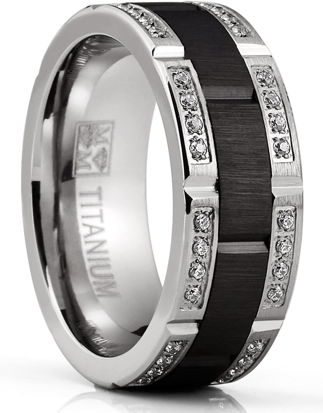 Metal Masters Co. Men's Titanium Ring Two-Tone Wedding Band Round-Cut Cubic Zirconia Black Silver 8MM