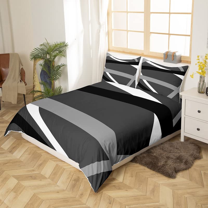 Black Gray White Stripes Bedding Set King Modern Abstract Geometric Comforter Cover Set for Women Men Lines Duvet Cover Breathable Bedspread Cover Quilt Cover - Image 2