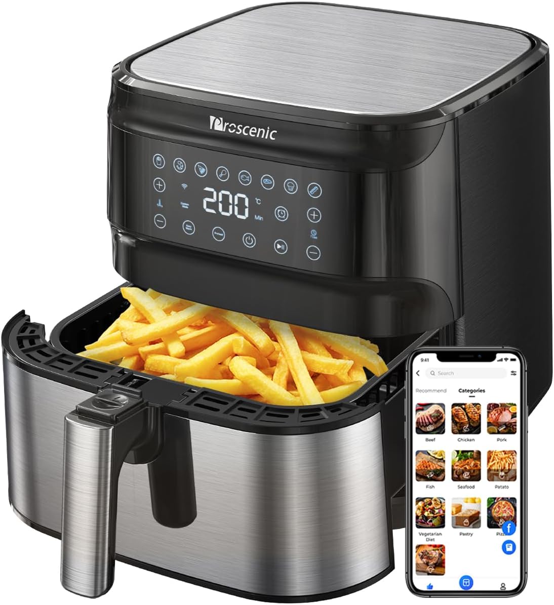 Proscenic T21 Air Fryer, 5.5L Air Fryers for Home Use, 8 Presets, LED Onetouch Screen, 100+ Recipes Online, Low Fat Cooking, Non-Stick Basket, 1700 W,Black,XX-Large