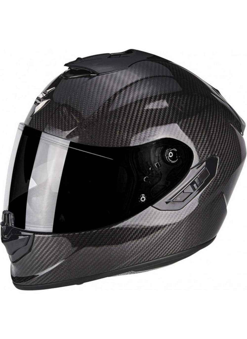 Scorpion - Casco integral EXO-1400 Solid negro de fibra de carbono para scooter con visera interna SpeedView solar retráctil, protección de calota exterior TCT (XS)