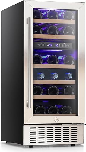 COWSAR Refrigerador de vino de 28 botellas, refrigerador de bebidas de doble zona aprobado por ETL, temperatura independiente, LED, enfriador de