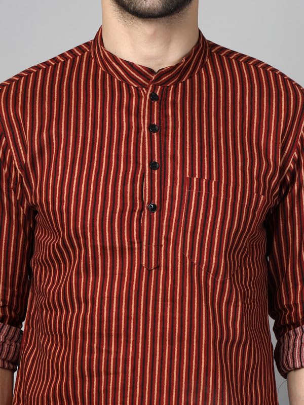 Image of Vastraa Fusion Men's Handloom Weaving Pure Cotton Short Kurta, Round Collar, Full Sleeves,Button Kurta, Ethnic Wear