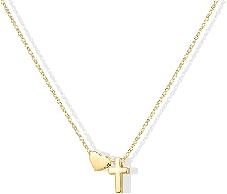 Inerney Cross Heart Necklace for Women, Dainty Pendant Necklaces 14K Gold Sterling Silver Plated Choker Chain, Cute Waterproof Non Tarnish Christian Religious Faith Jewelry Baptism Easter Gift