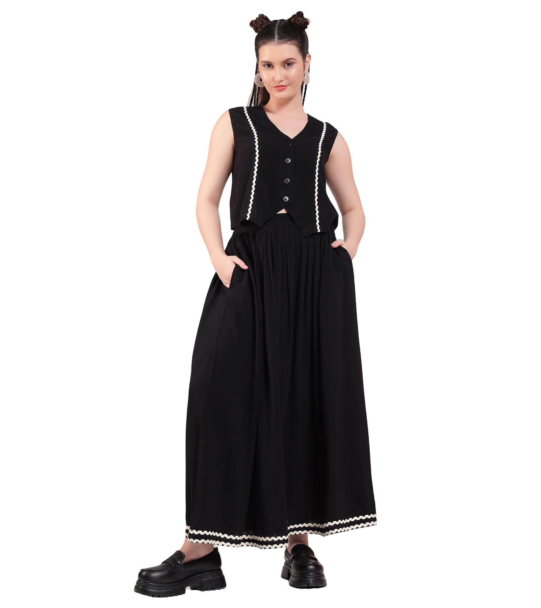 Solid Rayon Waistcoat with Skirt Co-Ord Set for Women's|V-Neck Sleeveless Fit & Flare Stylish Summer Western Casual Wear Ladies Trendy Cord Set-image-36