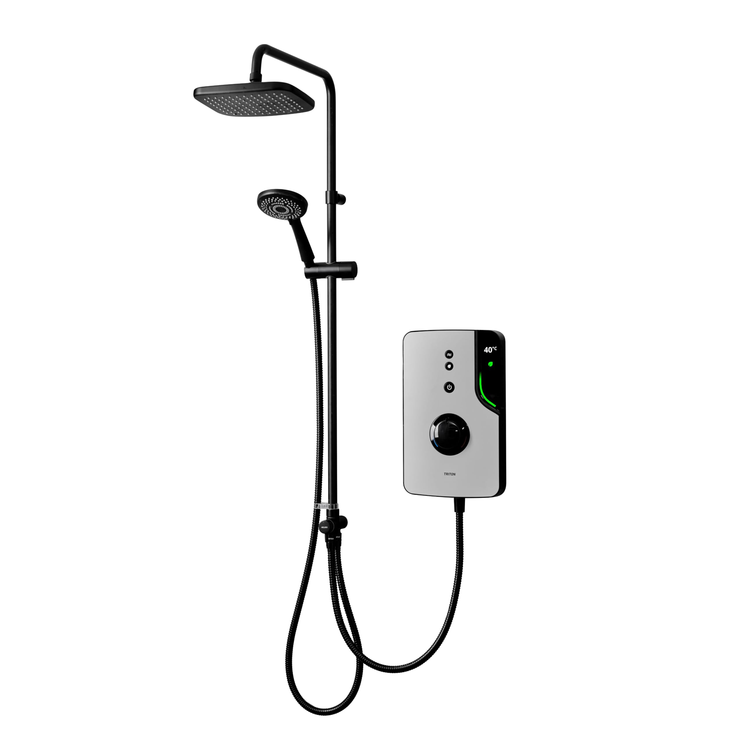 Triton Showers Grey Enlight® | Duelec® | Thermostatic Electric Shower | 9.5 Kw | Smart Shower | With Black Showerhead & Anti Twist Hose | | Overhead Shower