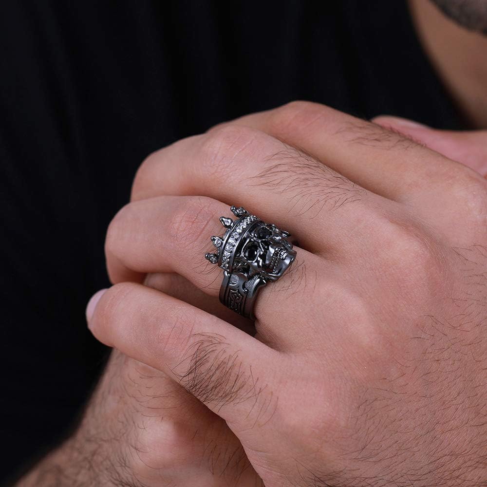 Getname Necklace Silver/Black Skull King Ring for Men with Crown Eye Stones - Biker Jewelry Birthday Gift for him - Mens Skeleton Punk Ring with Delicate Gift Box