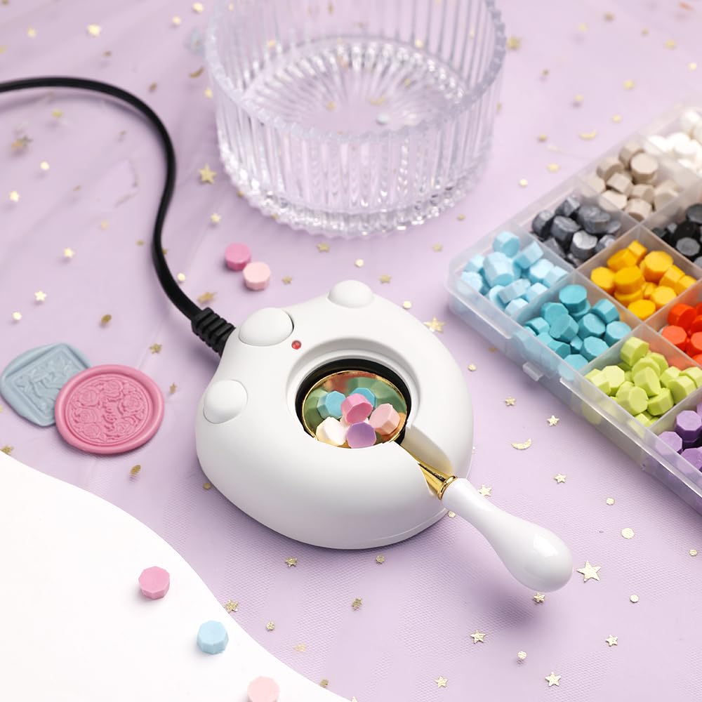 Kit de chauffe-cire électrique avec cuillère et pince à épiler – Excellent outil pour sceaux, tampons et bâtons de fonte, perles d'étanchéité (blanc)