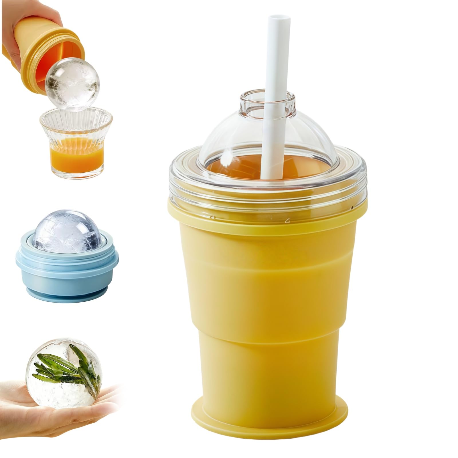 2-in-1 Collapsible Silicone Ice Ball Maker Cup, Reusable Ice Sphere Cup with Straw Lid, Portable Foldable Ice Hockey Cup for Summer Drinks and Travel Use (Yellow*1)