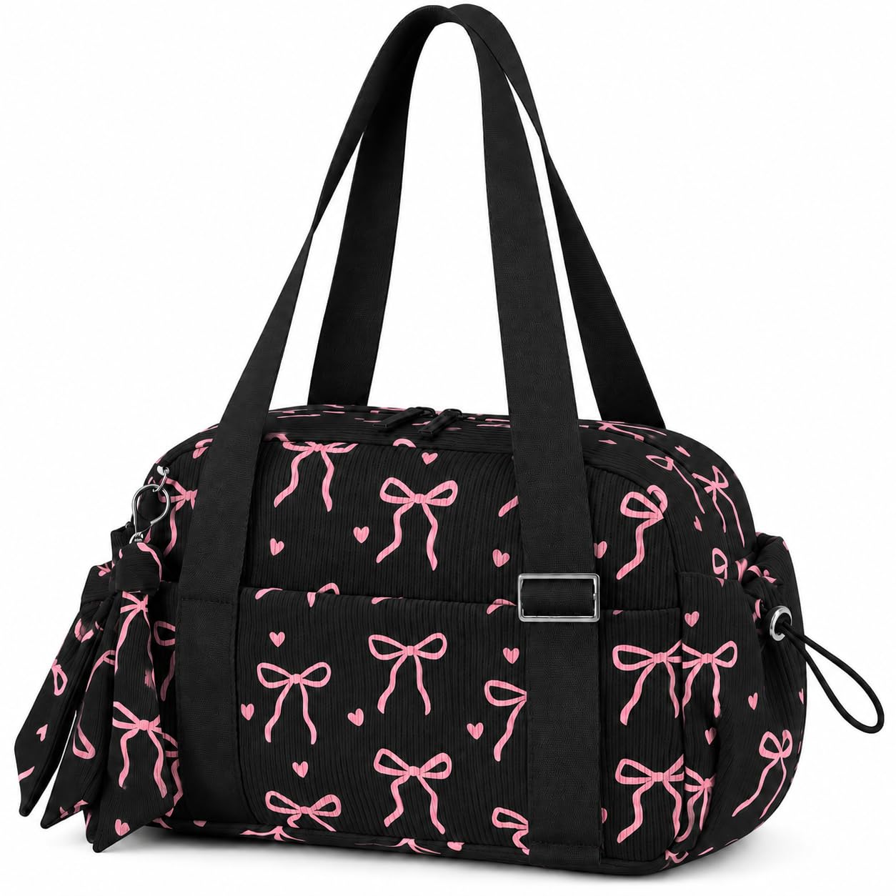 Small Gym Bag for Women, Mini Corduroy Sports Duffel Bag with Wet Compartment, Pink Bow Pattern, Cute Workout Yoga Dance Tote (Pink Bow-Black)