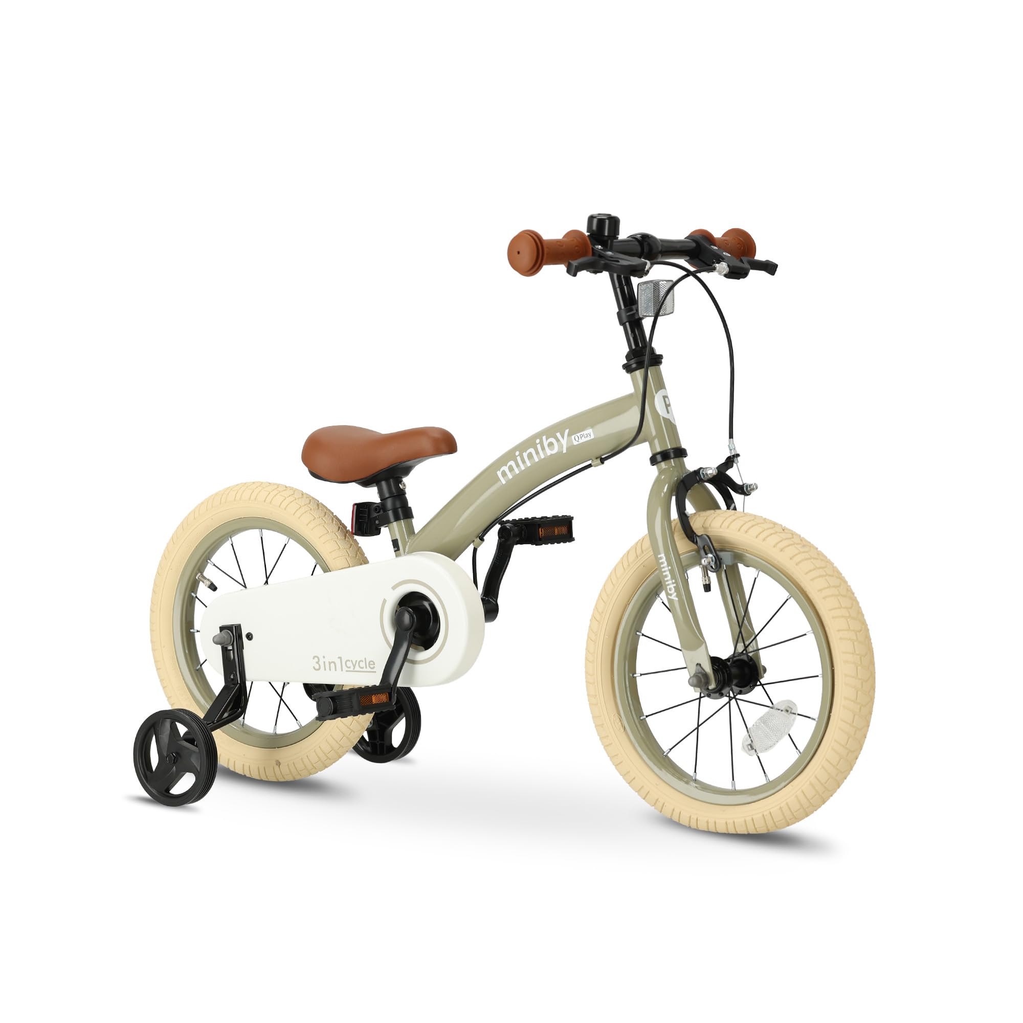 QPLAY Kinderfahrrad 14 Zoll | 3 in 1 Laufrad | Mit Verstellbarem Sattel und Lenker | Kinder Fahrrad für Jungen und Mädchen im Alter von 3 bis 6 Jahre | Olive