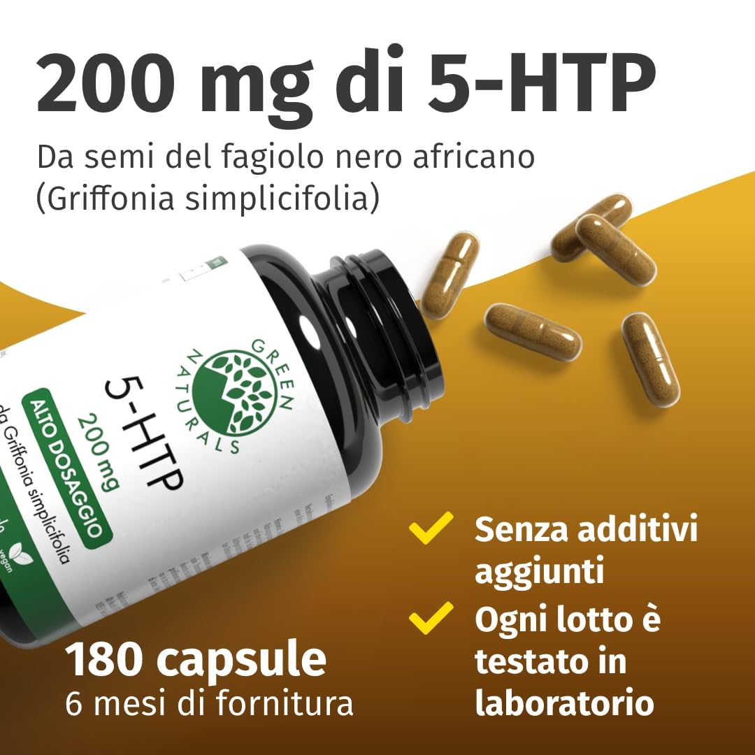 Green Naturals® 5-HTP – Ad alto dosaggio 200 mg da Griffonia simplicifolia – 100% vegano & senza additivi – Qualità tedesca – 180 capsule (6 mesi)