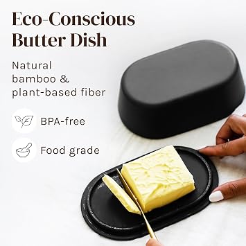 Dark Gray Butter Dish with Lid for Countertop Bamboo Fiber Butter Crock