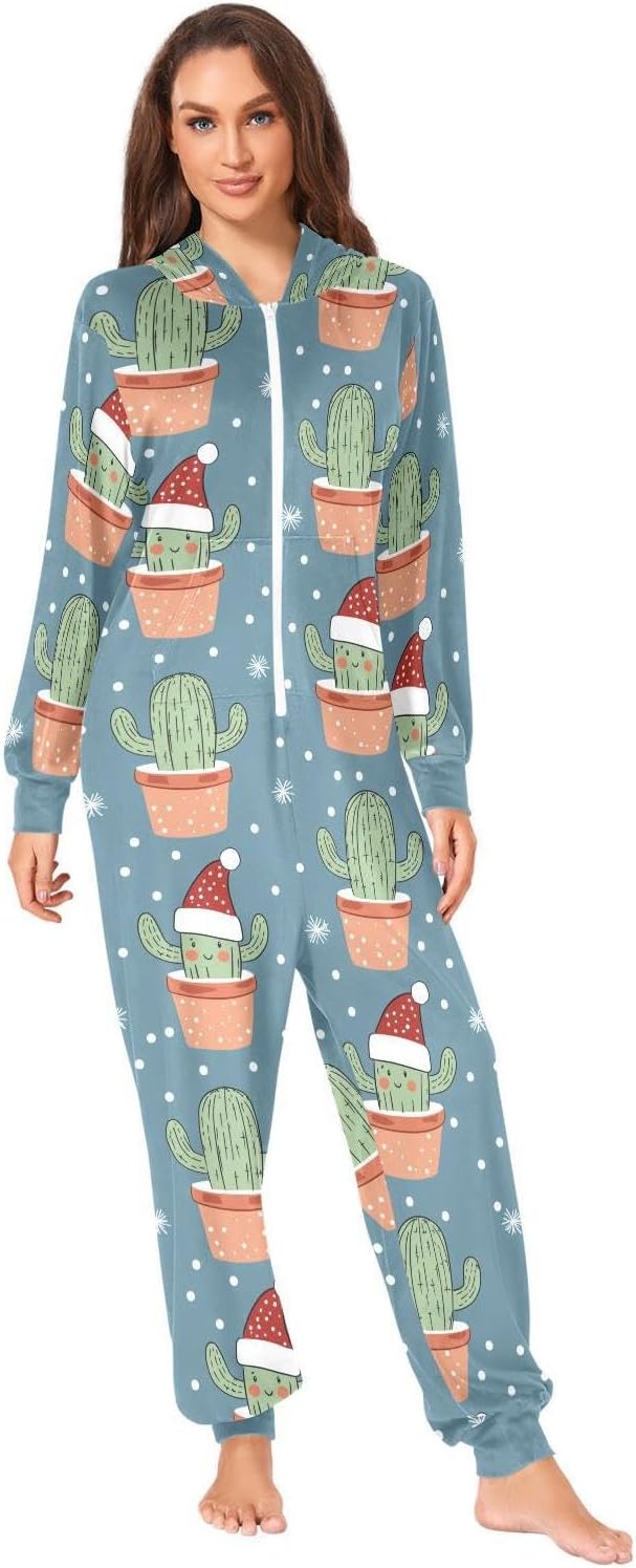 ZZKKO Snowy Cute Cactus Christmas Adult Onesie Pajamas for Women Men Cozy One Piece Pajamas Costume Zip-Up Hooded S-XL