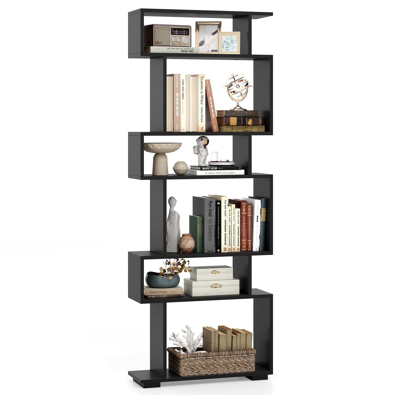 SFAREST 6-Tier Storage Bookcase, Freestanding Storage Cabinet Unit with 6 Compartments & 2 Anti-toppling Kits, S-shaped Multi Organization Shelves Furniture for Living Room Study Office (Black)