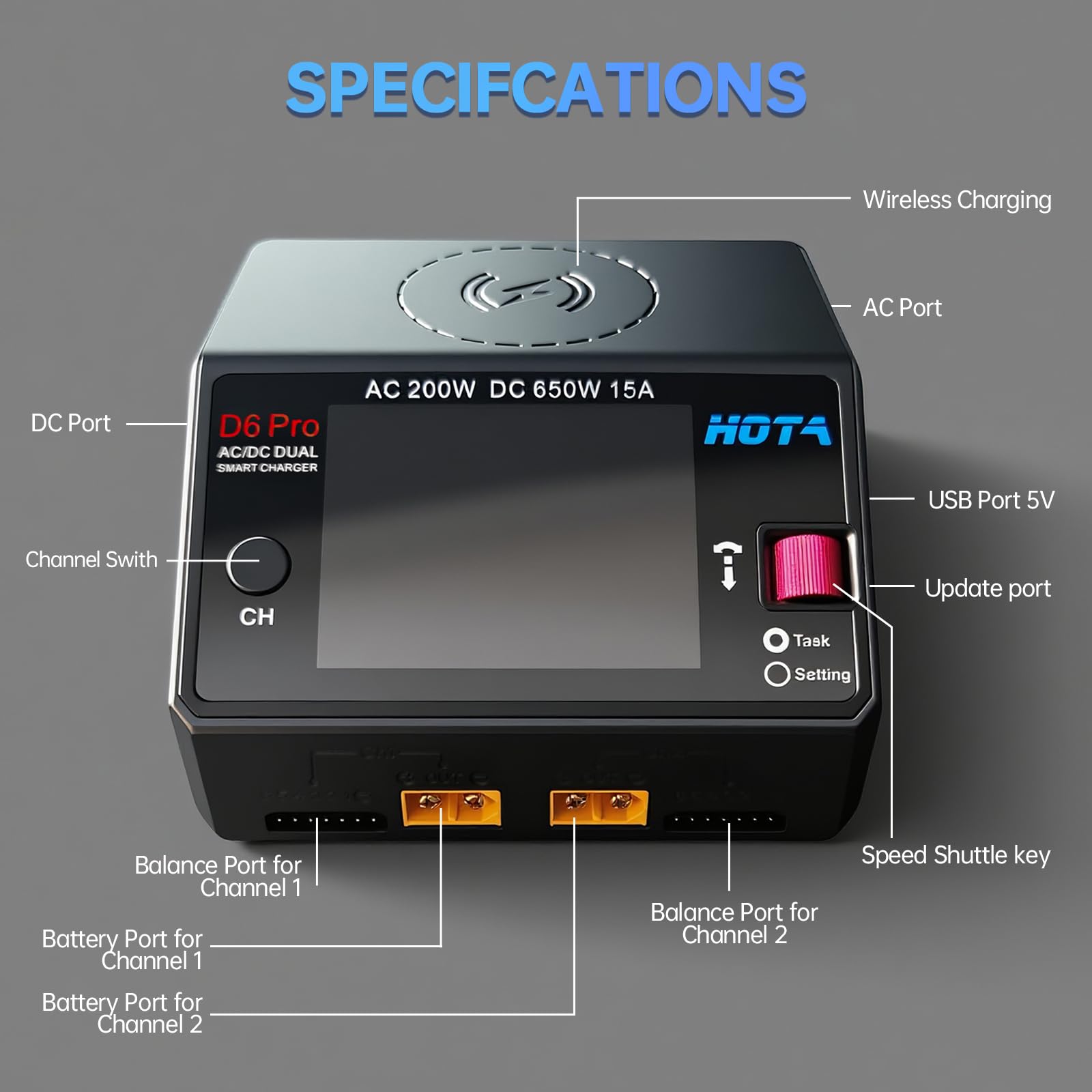 HOTA D6 Pro Lipo Caricabatterie intelligente a doppio canale AC200W DC650W 15A per LiHv Nicd NiMH Lipo RC Caricabatterie con Balance Phone Ricarica wireless RC Auto RC Barca FPV Race Drone Parti Nero