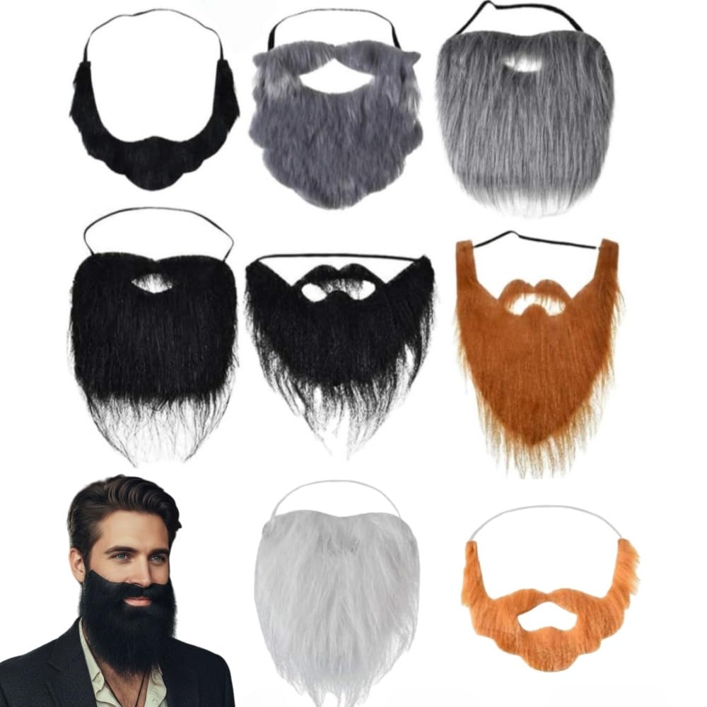 EYWILYWI 8 Pcs Fake Beard & Mustache Set, Funny Facial Hair Costume Accessories