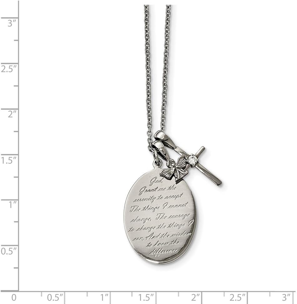 Solid Stainless Steel Serenity/French Prayer CZ Cubic Zirconia Cross 2in Extension Pendant Necklace Charm Chain - with Secure Lobster Lock Clasp