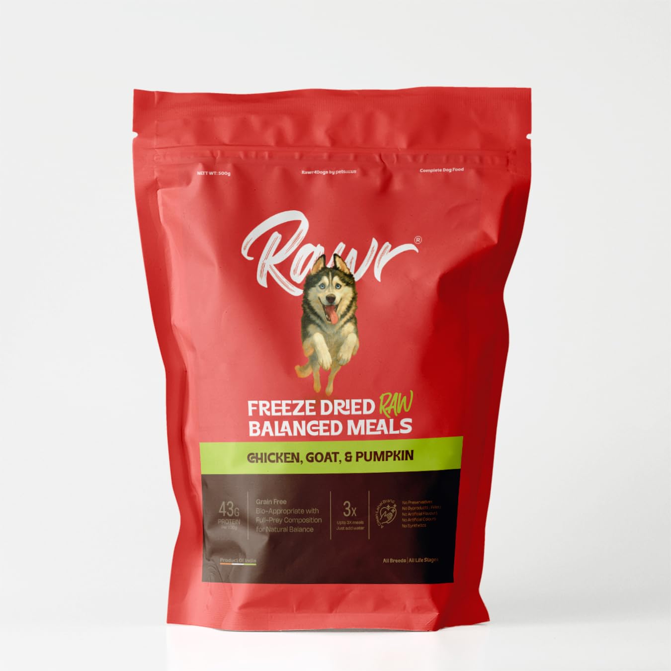 Rawr4Dogs | Freeze-Dried Balanced Meals | Chicken, Goat, & Pumpkin | Bio-Appropriate and Raw Nutrition | High Protein - Low Carb Recipe | 500 GMS | Makes 3X (1.5 Kg) Meals by Adding Water