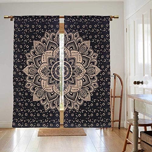 Bohemian Beautiful Ombre Color Mandala Curtain Panels (Black Gold Lotus)