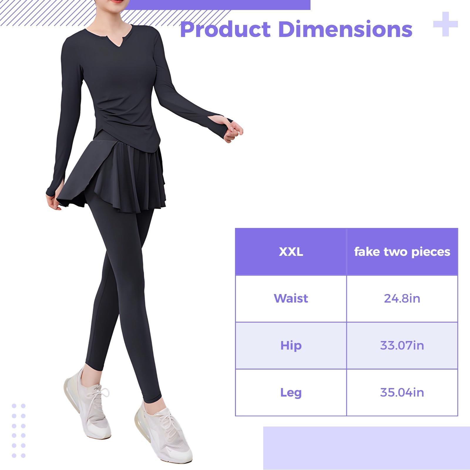 Set da pilates da donna, nero, 2 pezzi, taglia XXL, con top a maniche lunghe e gonna, traspirante ed elastico, nero, taglia unica