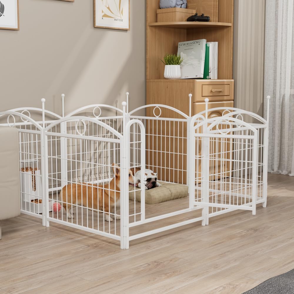 24 inch 8 Panels Metal Dog Playpen Indoor Fence Outdoor Exercise with Doors, Heavy Duty Fence for Large Medium Small Dogs Indoor Foldable Pet Puppy (White)