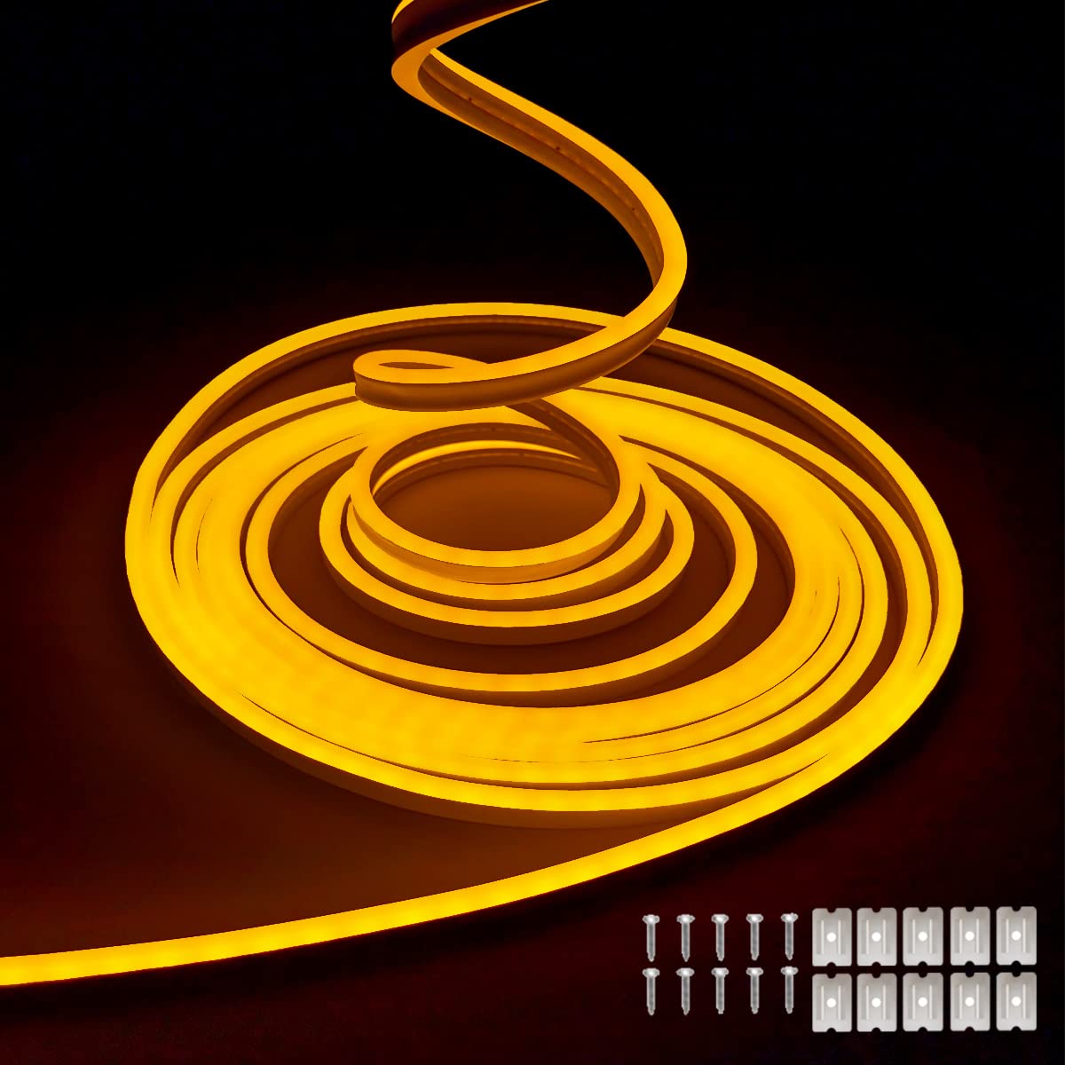 dobestyou Yellow Neon LED Strip Lights, 16.4ft 12V DC 600 SMD2835 LEDs Waterproof Flexible Rope Light for Indoor &amp; Outdoor Home Decoration (Power Adapter Not Included)