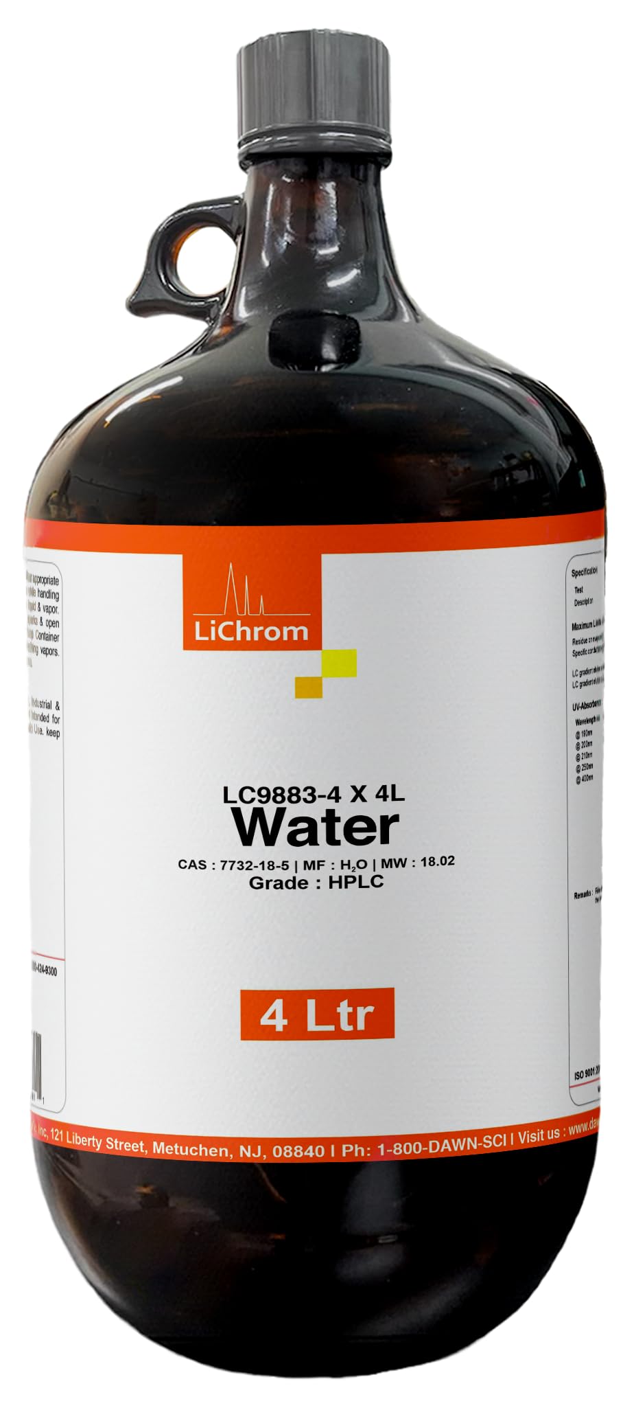 Water HPLC Grade 4 Liter (via Ground Shipping only)