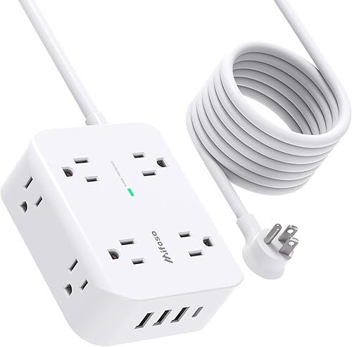 Regleta protectora contra sobretensiones, enchufe plano, 8 tomas anchas con 4 puertos USB (1 USB C), cable de extensión resistente de 5 pies con