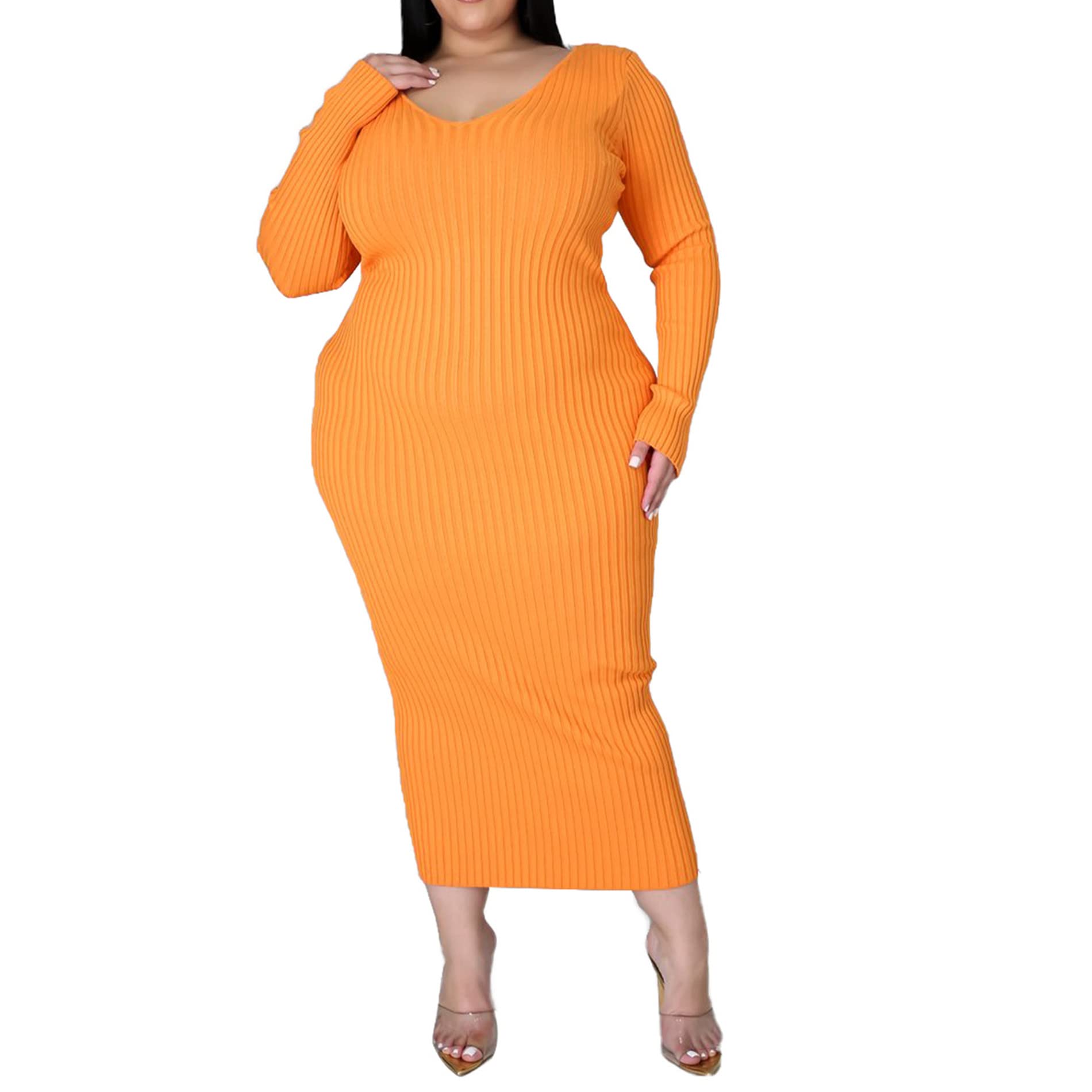 Women's Plus Size Sexy Stretchable Long Sleeve Maxi Sweater Off Shoulder Knit Slim Fit Dress: 588 Orange 5X-Large