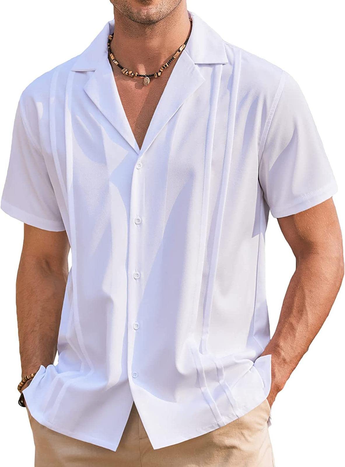 XuanXmy Camisas De Guayabera Cubana para Hombre, Camisas De Manga Corta con Solapa Suelta Informales De Color Sólido De Verano