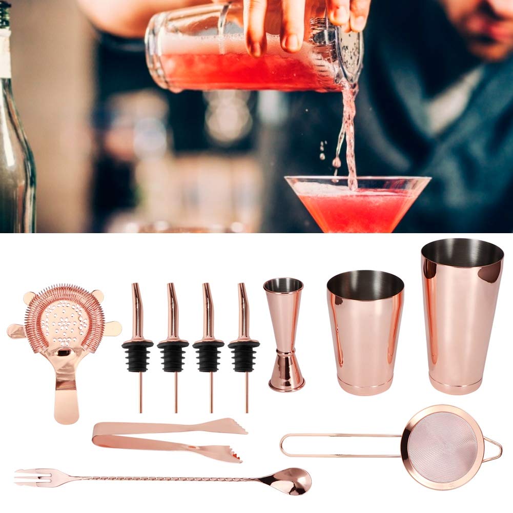 Juego de 11 Cocteleras de Acero Inoxidable, Juego de Herramientas de Barra Multifunción con Oro Rosa, Negro, para Camareros, Suministros de Camarero (de 11 piezas de coctelería en oro