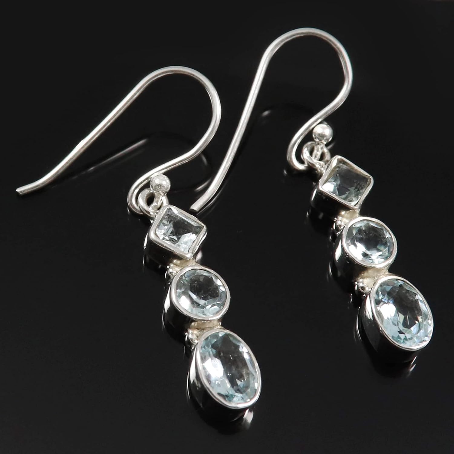 Goyal Exports Blue Topaz Faceted Gemstone 925 Sterling Silver Drop Dangle Earring Jewlery SEG96A