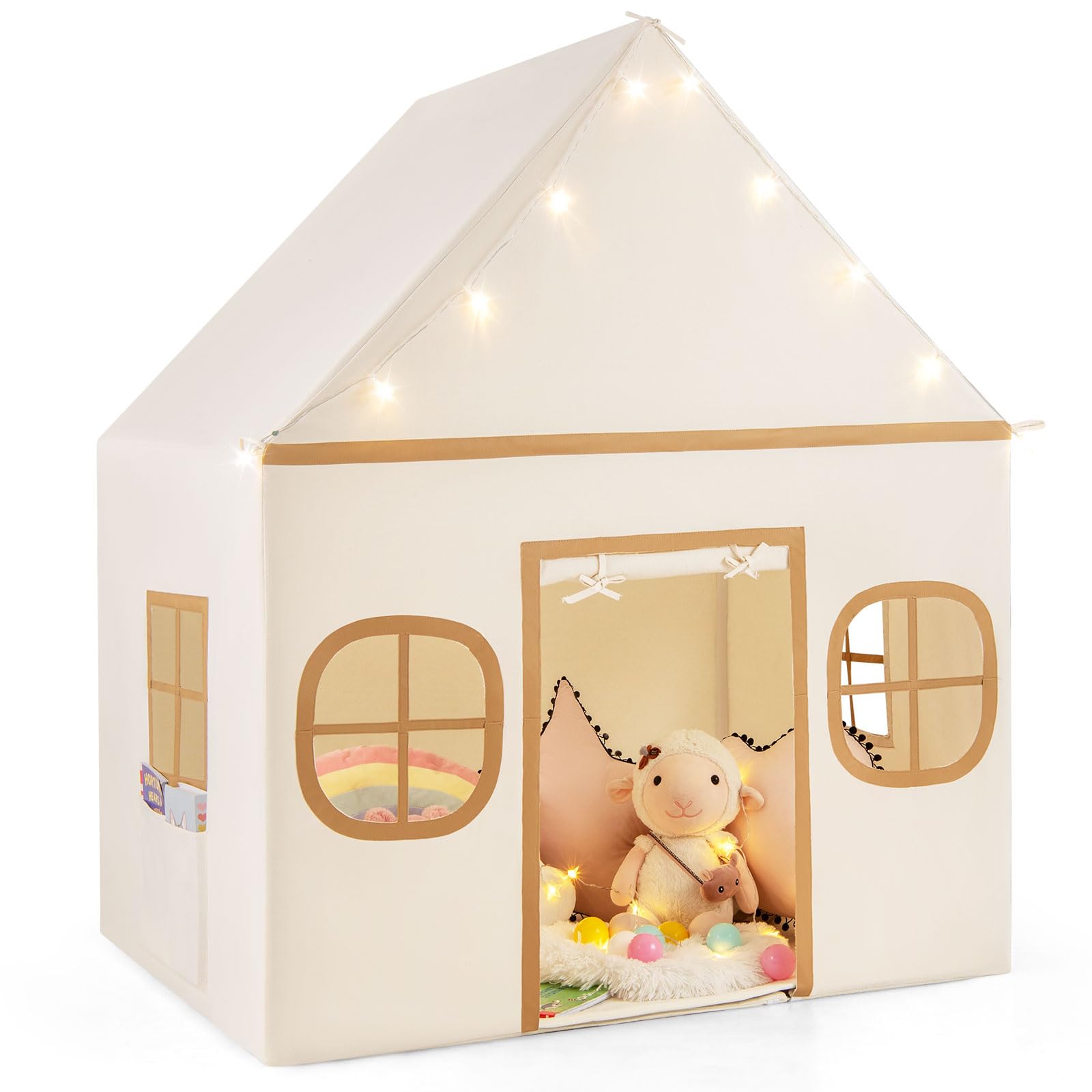 COSTWAY Spielhaus Kinder Indoor, Kinderzelt mit Sternlichter & Gepolsterte Matte, Spielzelt mit Türvorhang & Fenstern, Kinderspielhaus für Jungen & Mädchen ab 3 Jahren (Beige)
