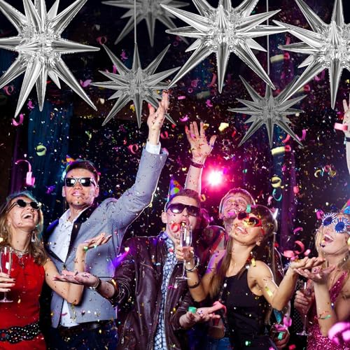 Image of TONIFUL 8 Pcs Explosion Star Balloons Silver Foil Balloon Party Decorations | 2 Size Mylar Star Balloon for New Year Party Decor Christmas Graduation Birthday Wedding Baby Shower Photo Booth Supplies