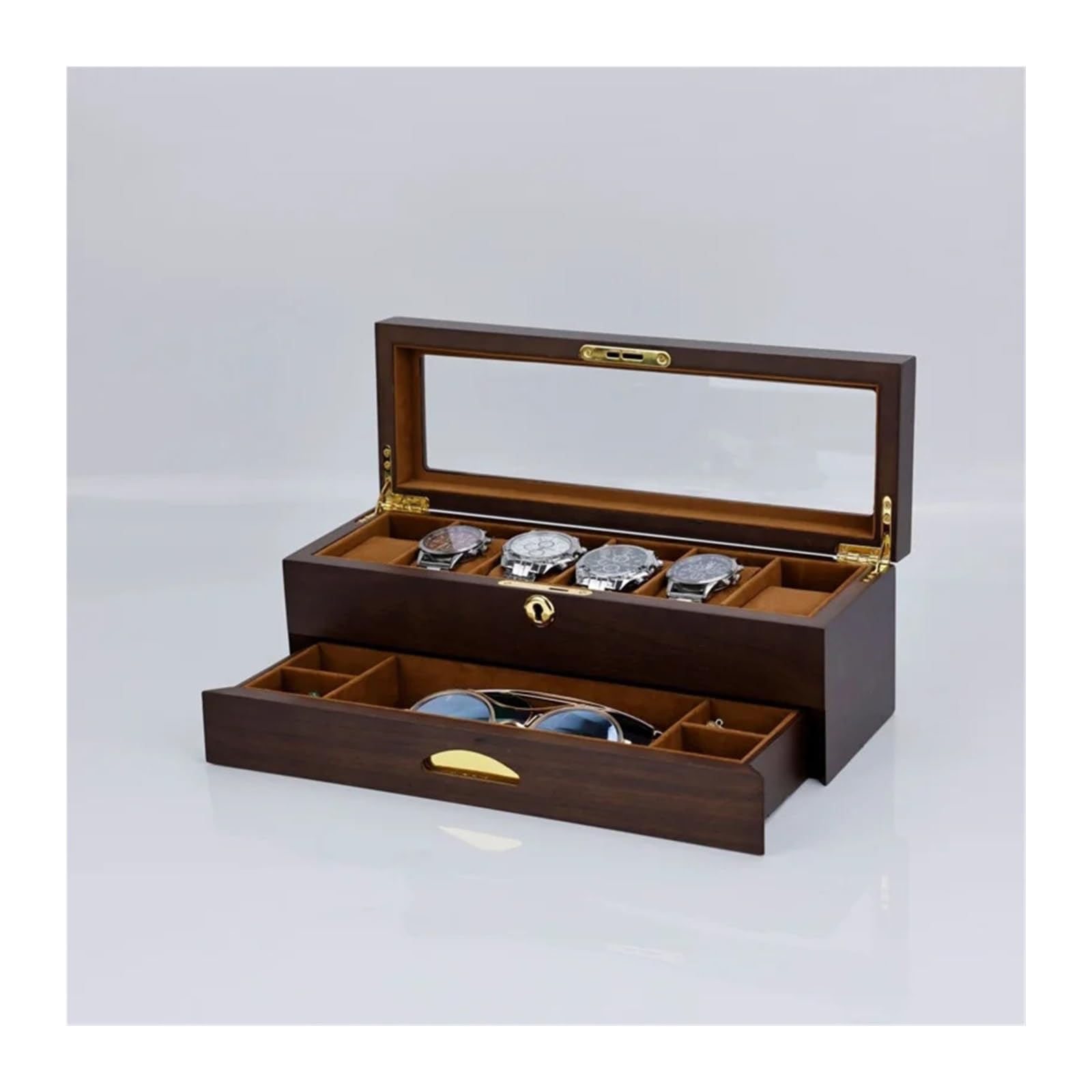 1 Stück schwarze Walnuss-Uhrenbox mit 6 Fächern, Glasdeckel und Schublade | Uhrenbox aus schwarzem Walnussholz mit 6 Fächern, doppellagiger Organizer aus Holz mit Glasdeckel(LuxWalnut10WatchBox)
