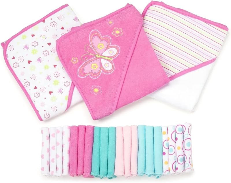 Spasilk Bath Hooded Towels & Washcloths Set for Babies, 23-Piece Gift Set, Pink Butterfly, (Gift GBA23 07)