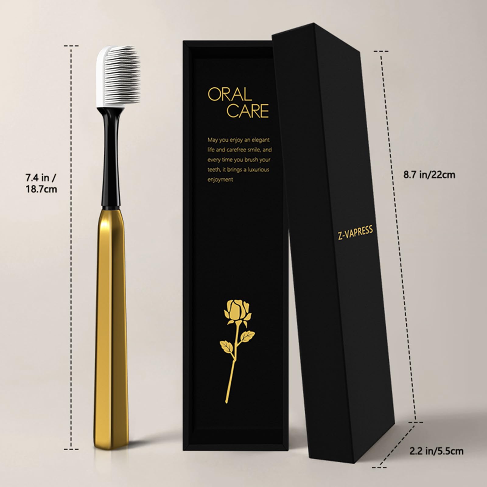 Z-VAPRESS Cepillo de dientes de viaje de cerámica dorado chapado en oro con 2 cabezales de repuesto gratis con cerdas blancas de silicona suave