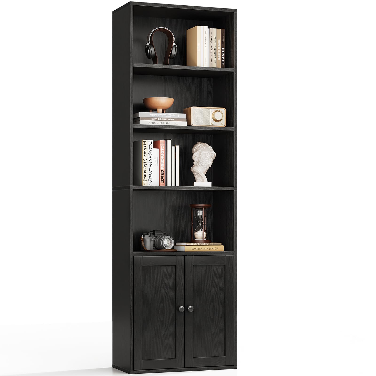 Coleshome 6-Tier Bookcase with Doors and Cabinet, Bookshelf Floor Standing Display Storage Shelf, Bookcases for Home, Office, Living Room, Bedroom, Black, 48 x 24 x 176.4