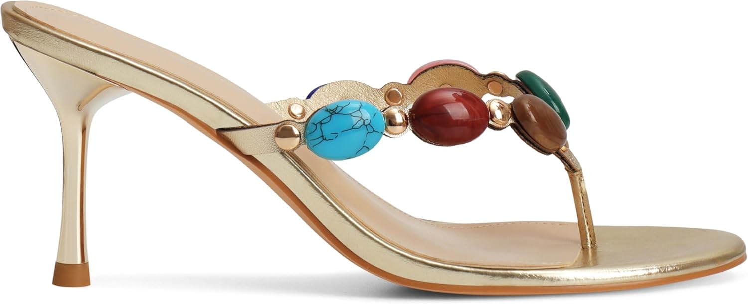 Jeweled Flip Flop Kitten Heels for Women Open Toe Beaded Strappy High Heels Sandals Slip On Thong Heeled Mules Mid Heel Fashion Party Dress Shoes