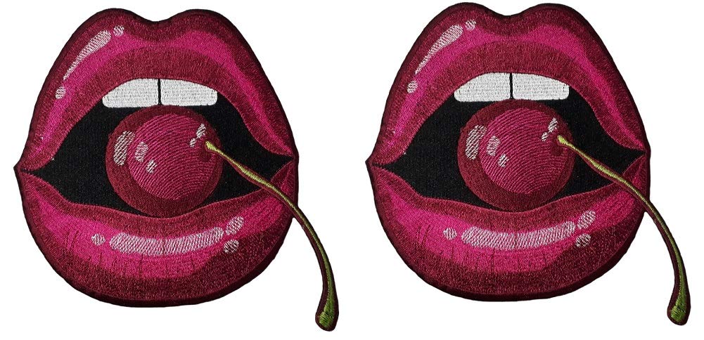 2 pcs of Sexy Lips with Cherry Strawberry Patch Iron on Applique sew on (Small, Pink)