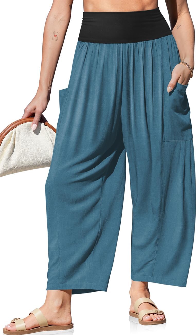 TARSE Womens Linen Wide Leg Pants Casual Loose Elastic Waist Beach Travel Vacation Palazzo Harem Pants with Pockets Lakeblue Large