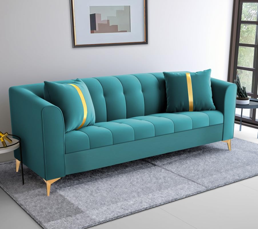 Image of Adorn India Premium Mystic - 3 Years Warranty - 3 Seater Sofa Velvet Suede Fabric - Aqua Blue