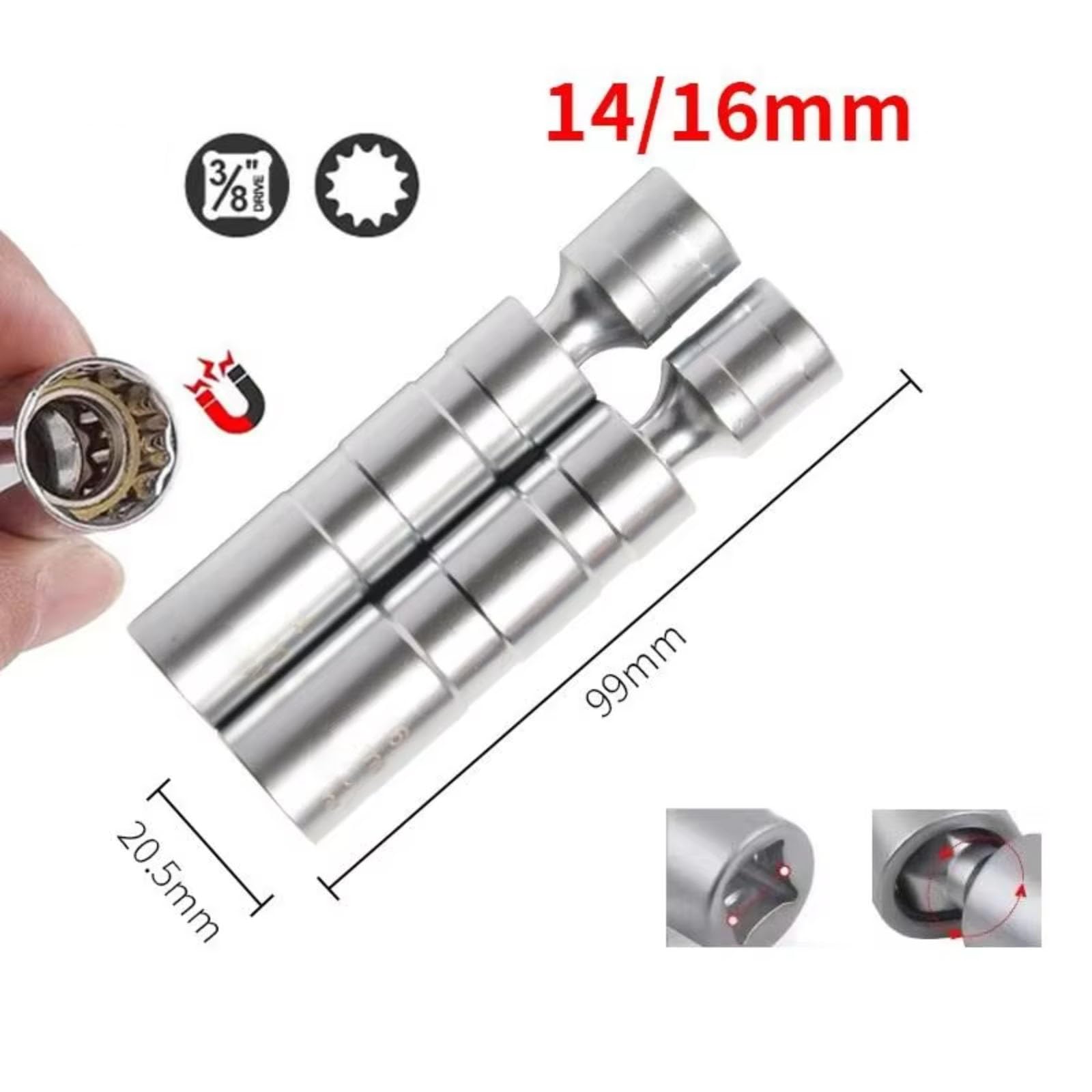 Klucz do świecy zapłonowej 14 mm/16 mm z magnetyczną, elastyczną nasadką nasadową do cienkich ścian, pasuje do samochodów, łącznie z zestawem adapterów do świec zapłonowych